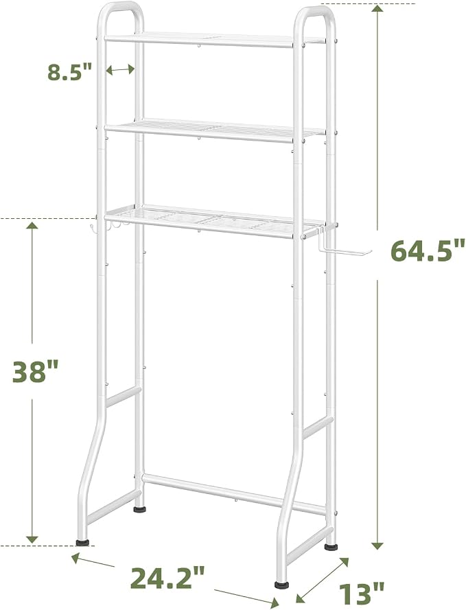 Simple Trending Over The Toilet Storage Rack, Metal 3 Tier Bathroom Organizer Shelf with Paper Holder and 3 Hooks, Freestanding Shelf Space Saver Above Toilet, White