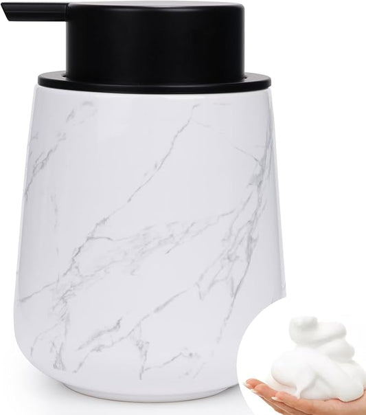 Bosilunlife 12Oz Ceramic Foam Soap Dispenser for Bathroom Kitchen Counter | Premium countertop foam pump creates delicate dense foam, stable desktop placement, Marble