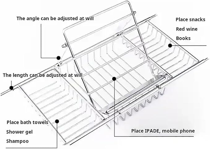 Bathtub Caddy Tray, Stainless Steel Extendable Bath Tub Tray Table in Brushed Gold Finish with Removable Book Holder Rack Holder, Expandable Bath Tub Shelf for Reading, for Home Bathroom