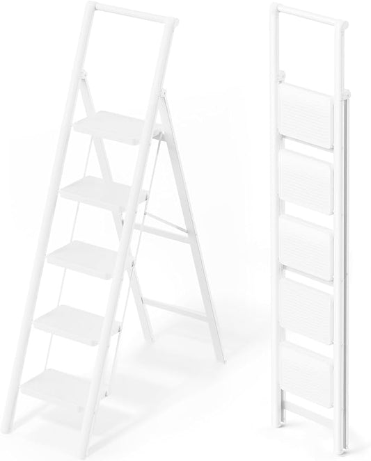 5 Step Foldable Step Stool with Handrail, 330lbs Load, White | Folded 67'' H x 3'' T; Net 17.8 lbs; Anti-Slip Feet Grip Wood, Tile, Carpet; Wide Pedals; For Shelves, Repairs.