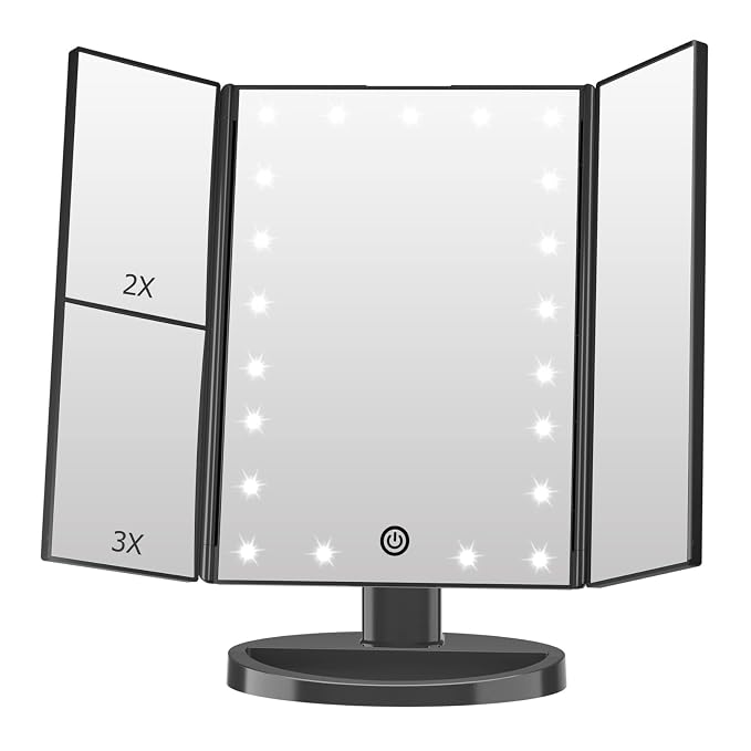 Lighted Makeup Mirror, 1-3X Magnifying Trifold LED Vanity Mirror | Vanity Mirror with Lights, 21 Bright LED Lights, Touch Control Dimmable Brightness, 180 ° Rotaion