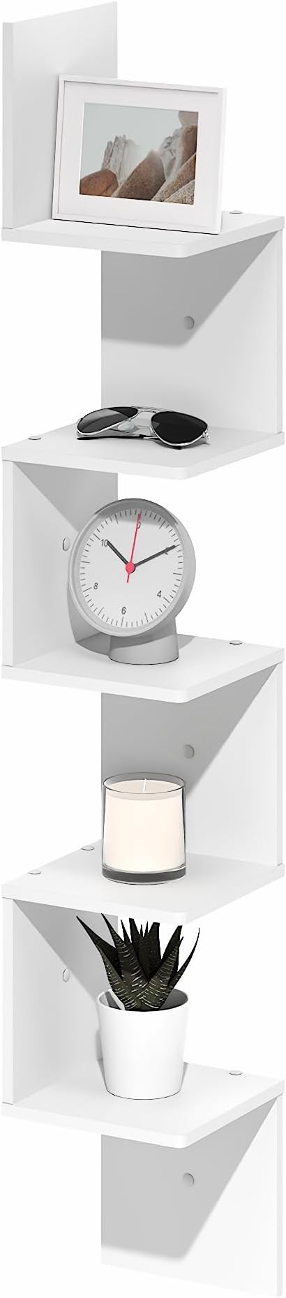 Furinno Rossi Corner Floating Shelves for Wall, 5-Tier Corner Square Wall Shelf, S-Shape Radial Floating Book Shelf, Easy Assembly, for Bathroom, Bedroom, Living Room, White