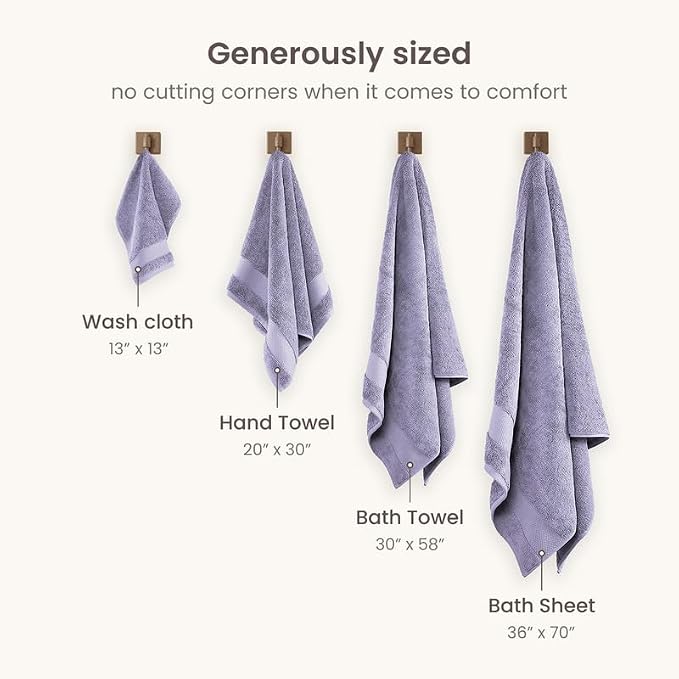 100% Organic Cotton Bath Towel Set | 700 GSM Plush 6-Piece Premium Towel Set GOTS Certified, 2 Bath Towels, 2 Hand Towels & 2 Washcloths - Lavender