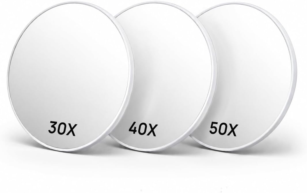Macaki 10x20x30x Magnetic Magnifying Mirror Set for Makeup and Travel,3 in | Powerful Magnet, Magnified Mirror, Self-adhesive Patch, Mounts on Metal & Smooth, Small Magnifying Mirror for Purse, White