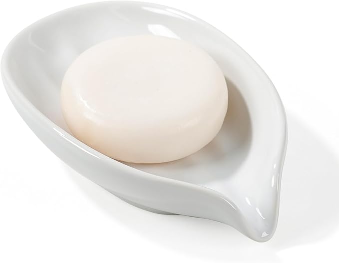 Soap Holder, Self-Draining White Soap Dish, Leaf Shape Ceramic Bar Soap Holder Drain Soap Dishes for Bathroom Sink Kitchen, Easy to Clean Keeps Soap Dry, ANTIS'S HOME