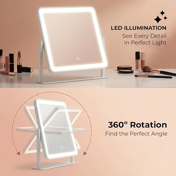 12" x 14" Vanity Mirror with Light, Lighted Makeup Mirror | 3 Color Lighting and Stepless Dimming, Plug-in Required, Memory, Easy Installion, Smart Touch, White