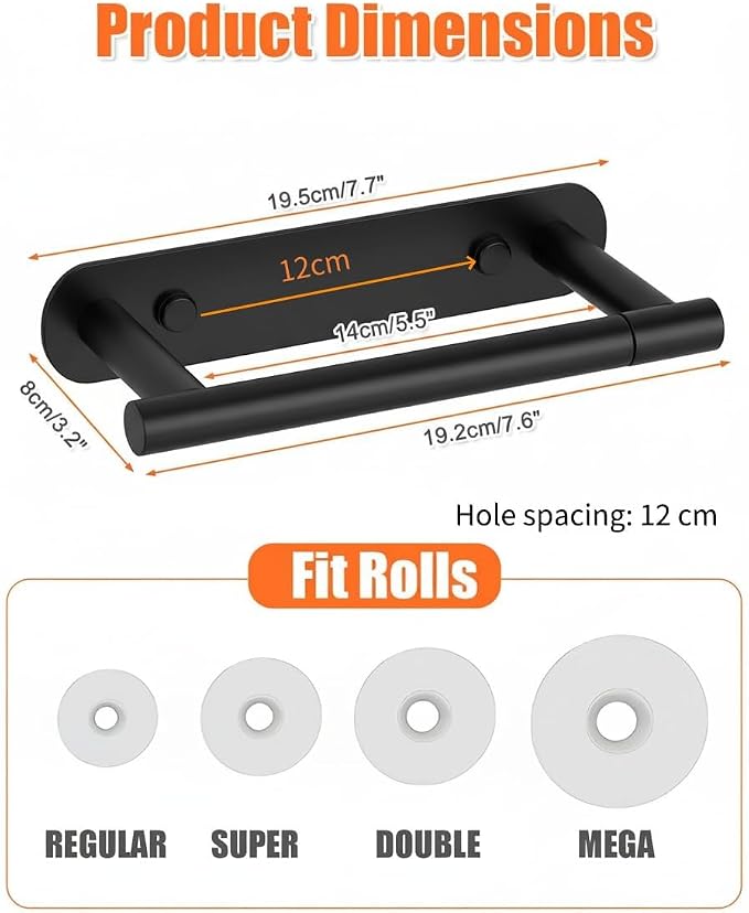 YUET Toilet Roll Holder, Self Adhesive or Screw in Wall Mounted Options, Double Post Pivoting Tissue Roll Holder, Stainless Steel Rustproof Stick On No Drilling Wall Mount for Bathroom, Matte Black | Double Swivel Toilet Roll Holder for Bathroom and To...