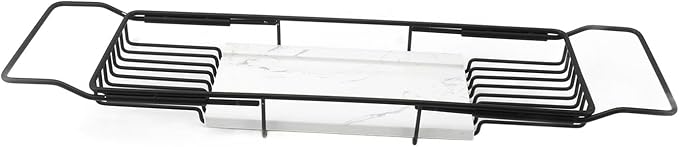 Marhynchus Metal Marble Bathtub Rack, Bathtub Caddy Tray Stainless Steel Shower Caddy Tray with Extending Sides, Bathroom Trays (Black White)