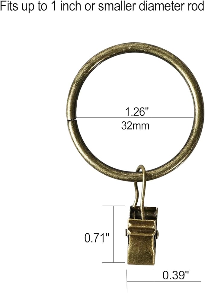 Lansian 44 Pack Curtain Rings with Clips Hooks 1.26 in Diameter Rustproof | Metal Stainless Steel Drapery Rings for Tension Rod Bracket Eyelets Decorative Hanger, Fits 1 in Rods, Antique Brass