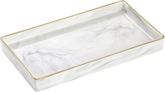 Luxspire Bathroom Vanity Tray Ceramic Jewelry Dish, S, Marble White | 8.7 x 4.7 inch Smooth matte ceramic, easy clean, anti-slip bottom, organize soap dispenser jewelry candles