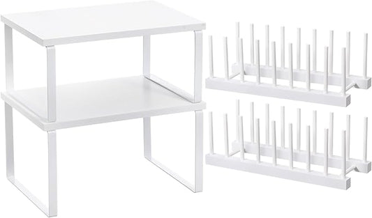 Marsui 4 Pcs Kitchen Organizer Accessories Set for Cabinet,White | Cabinet Organizer Shelves, Bamboo Dish Drying Plate Rack, Wooden Counter Storage Holder, for Spice Dish Pot Lid Bowl Cup