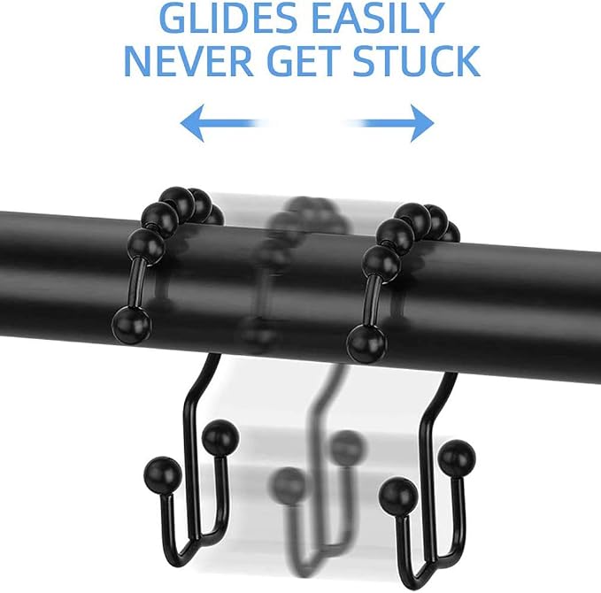 DAWNER Shower Curtain Hooks Rings, Rust Proof Hooks, Metal Easy Glide Double Shower Rings Hooks, Stainless Steel Shower Curtain Hangers for Bathroom Shower Curtains, Set of 12 Hooks, Matte Black