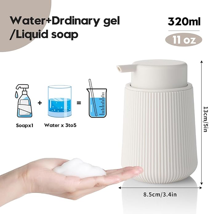 YAUKPH Striped Foaming Hand Soap Dispenser Beige | with Leak-Proof Pump for Bathroom and Kitchen Countertop 11oz