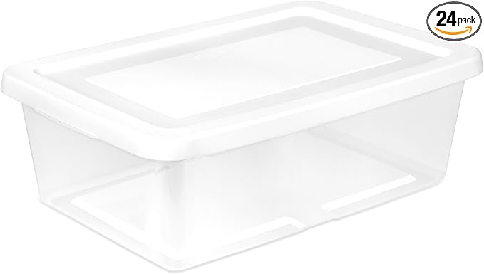 Sterilite Storage Box Stackable Tote, White, 12 Quart, 24 Pack | Clear Plastic Container with Secure Snapping Lids for Home and Office Organization