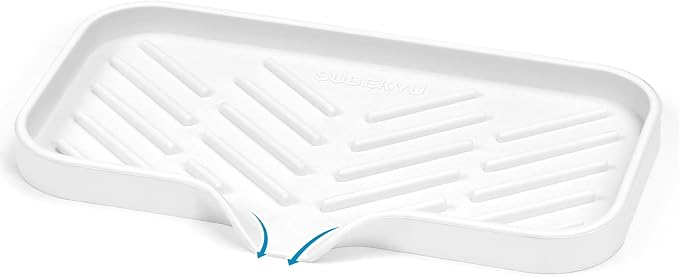 Silicone Kitchen Soap Tray, Sink Tray,White, [Size: 9.5 x 5 inch] | Sponge Holder for Kitchen Counter Soap Bottles and Organizer with Drain Spout