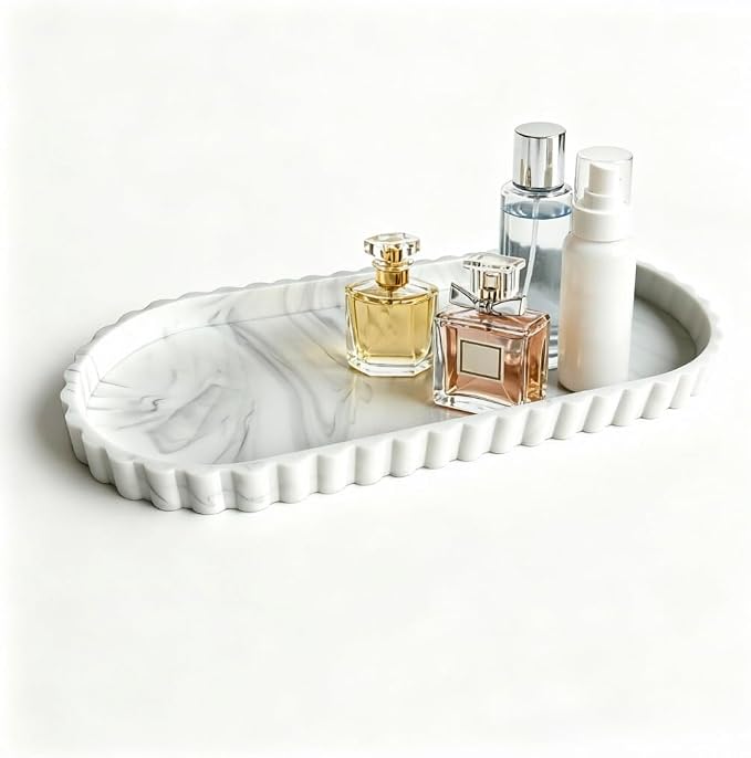 Silicone Bathroom Tray,Sink Caddy,Vanity Organizer,12"x 5",White Marble | Oval,Bathroom counter tray,Toilet tray,Kitchen Counter Decor,Sponge Holders,Sink Organizers,Key tray,Bathroom tank tray