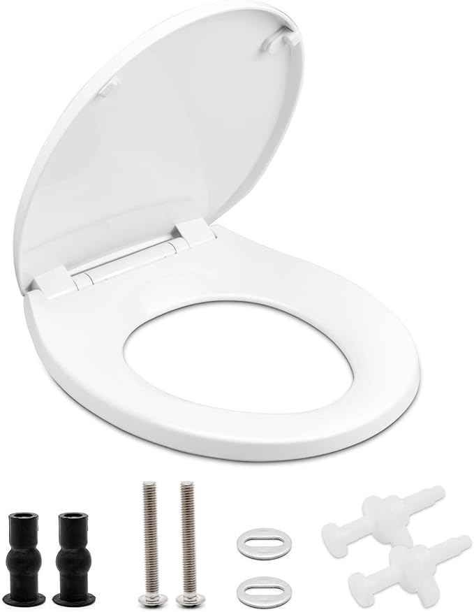 Toilet Seat Round Slow Close, Non Slip Bumpers Quick-Release White | Quiet Close, Tool-Free Install, Four Bumpers, Never Loosen, Fits Standard Round Bowls, Plastic, White