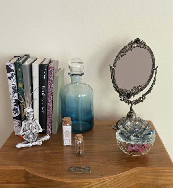 Feyarl Small Metal Vintage Makeup Mirror Floral Tabletop Oval Vanity Swivel Double Sided Mirror with Stand Elegant Decorative for Dressing Room Bedroom (Bronze)