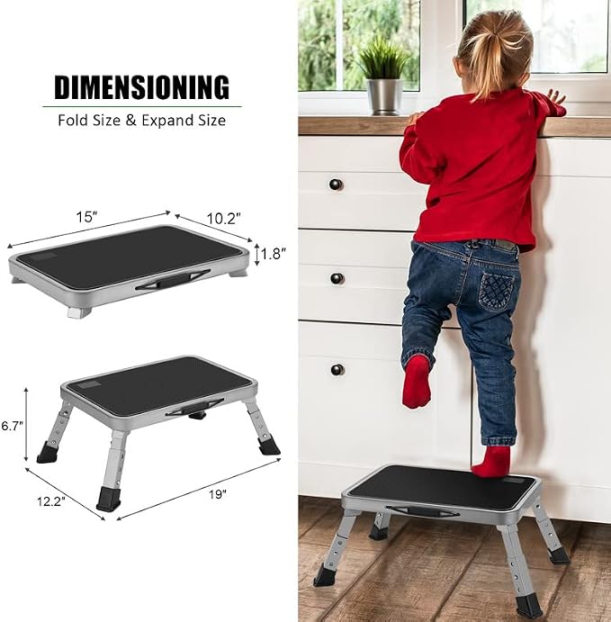 Jocauto Folding Step Stool for Adults, Height-Adjustable Small Step Stool | Step Ladder with Non-Slip Platform for Adults or Kids in Kitchen, Home, Rv,330 Lbs Capacity, Gery