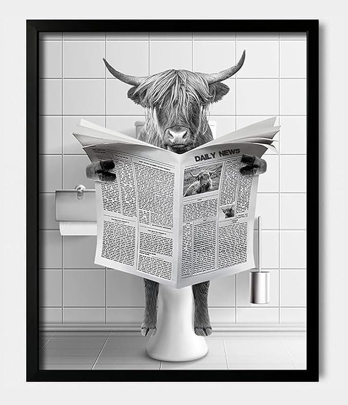Ardakar Framed Highland Cow Wall Art, Bathroom Decor Wall Art, Vintage Black and White Wall Decor, Funny Bathroom Decoration Signs, Humor Animals Artwork, Cute Canvas Print Ready to Hang (Framed,16''x20'')