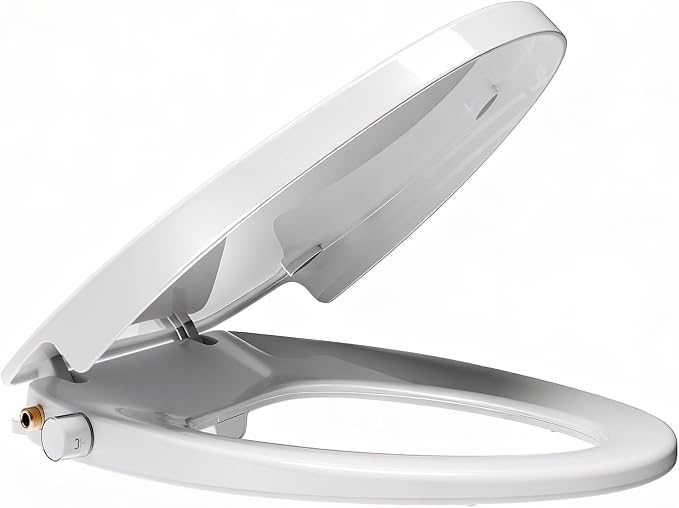 Elongated Bidet Toilet Seat with Soft-Close Lid, Self-Cleaning Dual Nozzles, Non-Electric Bidet Seat with Adjustable Water Pressure, White Toilet Seat for Elongated Toilets with Brass
