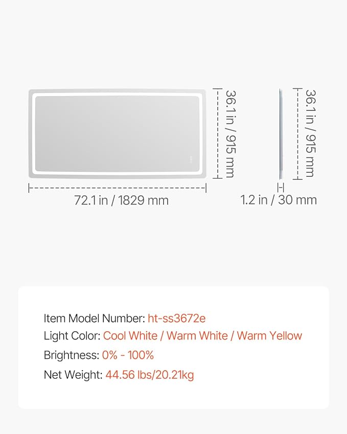 VEVOR LED Bathroom Mirror, 36" x 72" LED Bathroom Vanity Mirror with Frontlit and Backlit, Anti-Fog Memory Mirror with Lights, Stepless 3 Colors Temperature Dimmable Bathroom Mirror, Wall Mounted