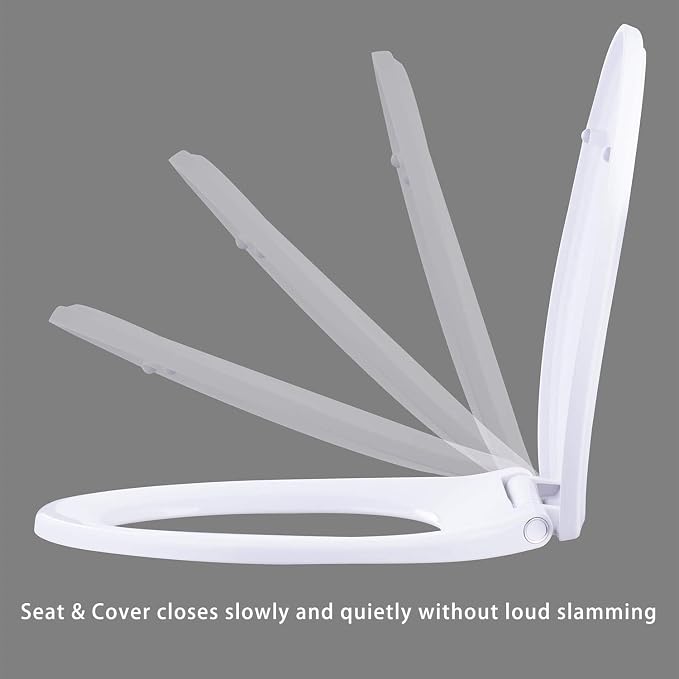 Hibbent Premium Round Toilet Seat with Cover Quiet Close, One-Click to Quick Release, Easy Installation Non-Slip Seat Bumpers, Slow Close Toilet Seat and Cover, Easy Cleaning-White Color