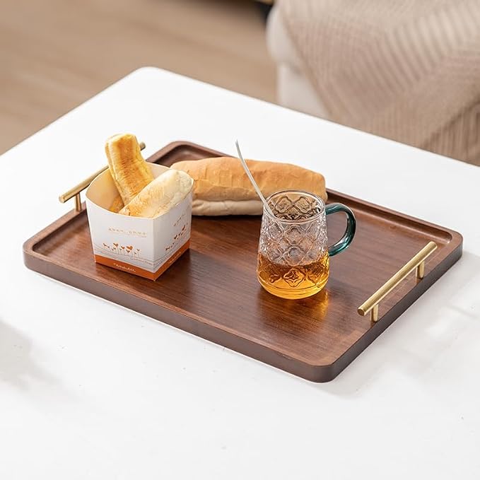 Bamboo Serving Tray with Gold Handles, Large | Food Tray for Breakfast,Coffee Table,Dinner & Bar, Decorative Tray for Kitchen, Bedroom