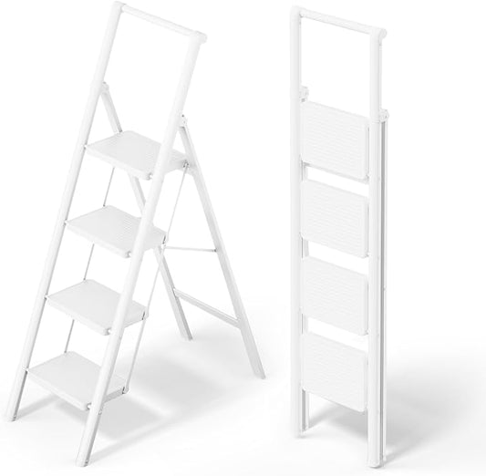 4 Step Foldable Step Stool with Handrail, 330lbs Load, White | Folded 58'' H x 3'' T; Net 14.8 lbs; Anti-Slip Feet Grip Wood, Tile, Carpet; Wide Pedals; For Shelves, Repairs.