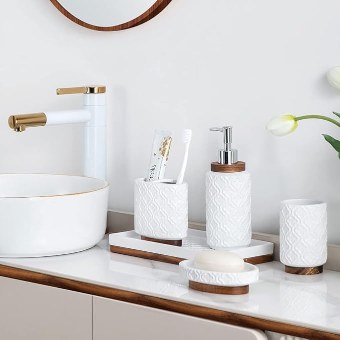 RQYIXI Ceramic 6-Piece Bathroom Accessories Set,White,with Trash Can | ceramic and wood embossed design with Trash Can modern countertop organization
