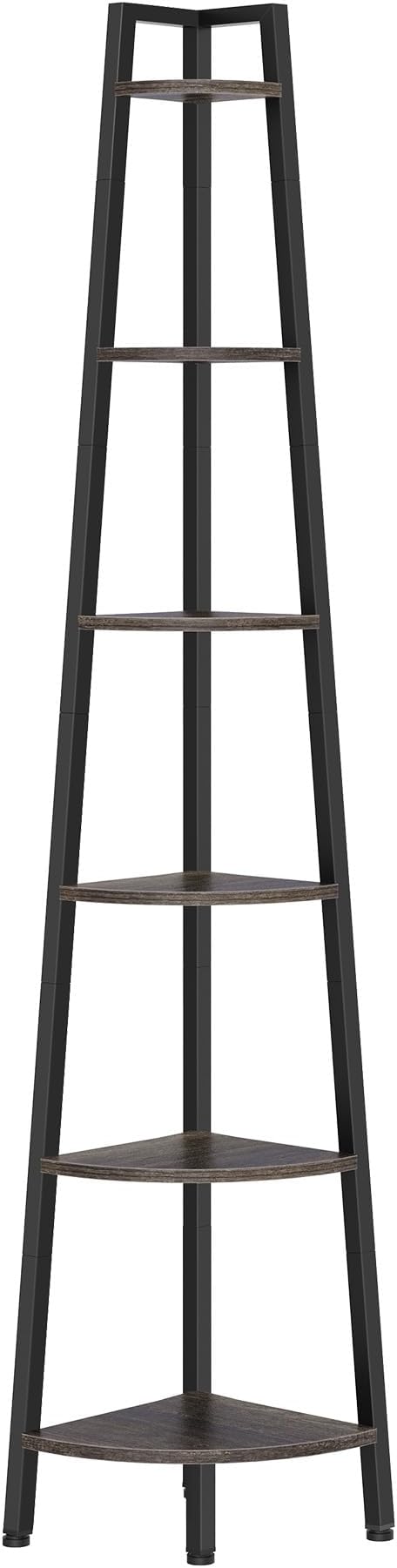Hoctieon Corner Shelf, 6-Tier Corner Bookshelf, Rustic Ladder Shelf, Industrial Display Stand for Living Room, Kitchen, Home Office, Balcony, Small Space, Metal Frame, Grey
