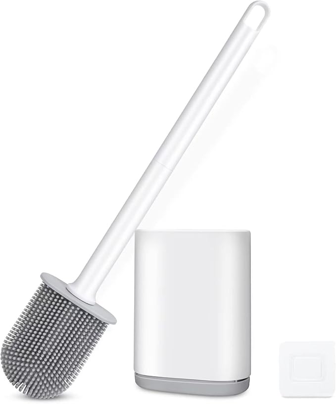Silicone Toilet Brush and Holder, Wall Mounted No Rust Problem White | TPR Small and compact Flex Flat head Scrubber Ergonomics Modern Cute Bendable Matte Hidden Bathtub