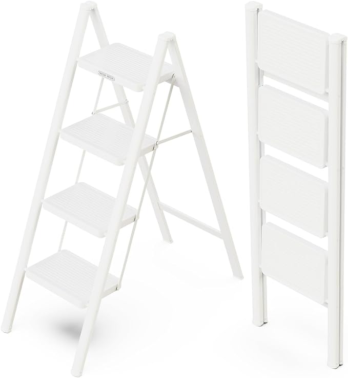 4 Step Foldable Step Stool, 330lbs Load, White | Folded 46'' H x 2'' T; Net 12.5 lbs; Anti-Slip Feet Grip Wood, Tile, Carpet; Wide Pedals; For Shelves, Repairs.