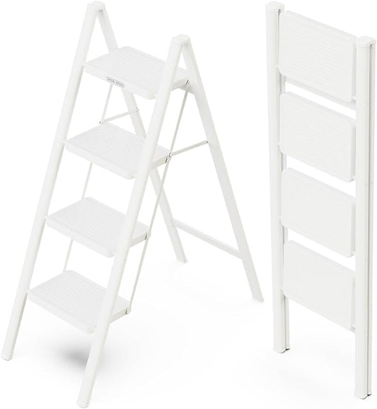 4 Step Foldable Step Stool, 330lbs Load, White | Folded 46'' H x 2'' T; Net 12.5 lbs; Anti-Slip Feet Grip Wood, Tile, Carpet; Wide Pedals; For Shelves, Repairs.
