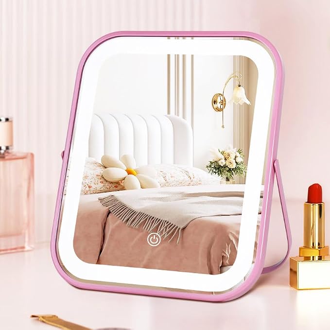 YEKKOPT Pink Rechargeable Vanity Mirror with Lights, LED Makeup Mirror, 10"×8" Lighted Makeup Mirror with Lights, Smart Touch Control Dimmable 3 Modes Light, Lighted Up Mirror for Makeup Desk, Bedroom