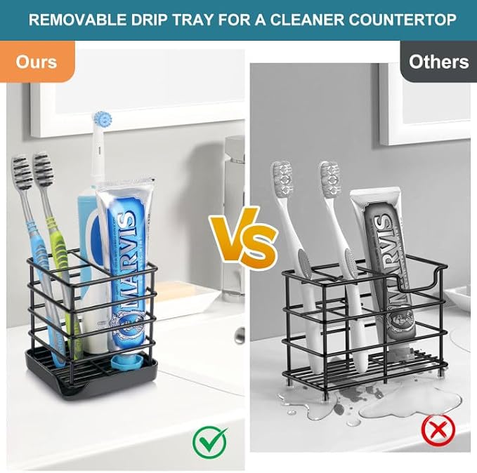 Toothbrush Holders for Bathroom,Black,Stainless Steel,Detachable,Tray,3 Slot