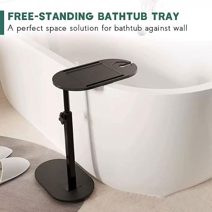 Bamboo Bathtub Tray Table with Adjustable Height,Freestanding Design for Spa,Bathtub, Bed, Sofa, Couch with Wine Glass Holder, Perfect for Luxury Bath Home Spa Gift（Black）