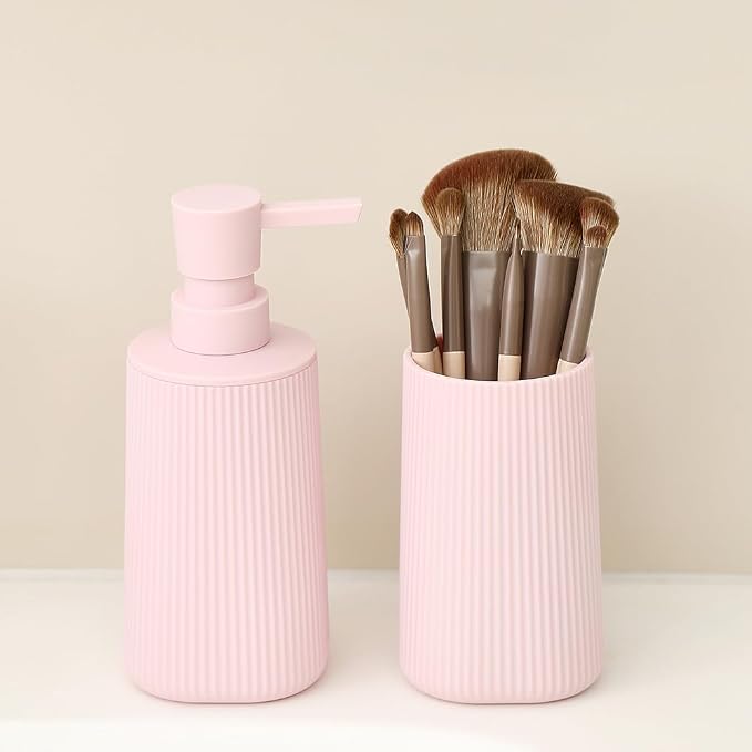 YAUKPH Bathroom Soap Dispenser and Toothbrush Holder Striped Pink | Bathroom Accessories Set 2 Piece for Bathroom Countertop Storage and Decor