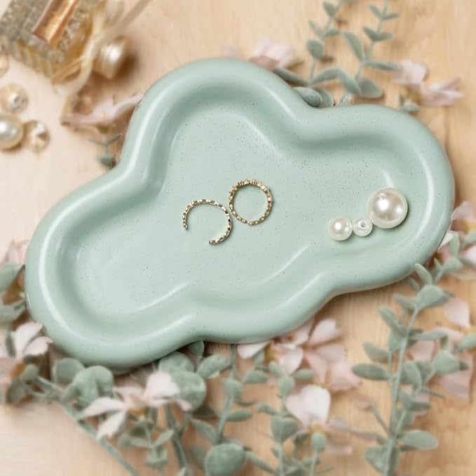 Lynagert Cloud Trinket Dish, Chubby Jewelry Tray, Ceramic Jewelry Ring Trinket Dish for Rings Earrings Necklace Organizer, Mother's Day Thanksgiving Christmas Birthday Bridesmaid Gifts (T-Green)