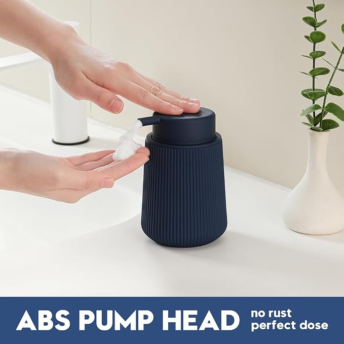 YAUKPH Striped Foaming Hand Soap Dispenser Navy Blue | with Leak-Proof Pump for Bathroom and Kitchen Countertop 11oz