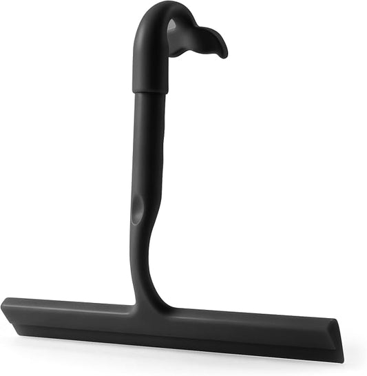 Shower Squeegee for Glass Doors, 10-Inch Silicone, Fishtail Hook, Black | One-Piece Silicone Squeegee for Shower Glass, Fishtail Hook, Non-Slip Grip, Quiet Glide; Tile, Mirrors, Windows & Car Glass