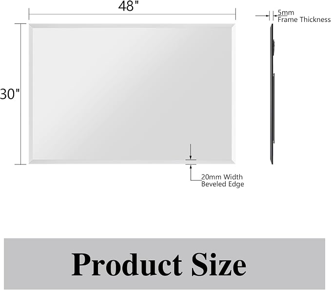 Frameless Bathroom Mirror, 48" x 30" Beveled Wall Mirror | 5mm HD glass, 20mm beveled edge, frameless, anti-rust, shatterproof, french cleat, horizontally or vertically