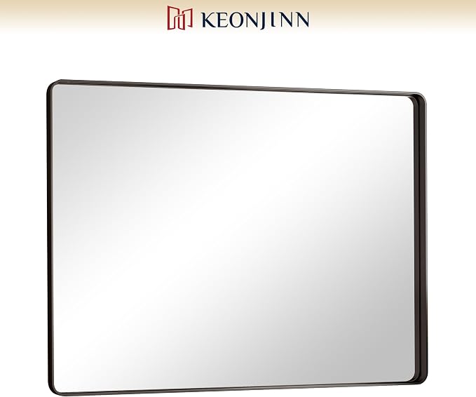 Keonjinn 40 x 30 Inch Black Bathroom Mirrors for Over Sink, Tempered Glass | Sandblasted Finish, Matte Black Vanity Mirror, Anti-Rust, Seamless Aluminum Frame, Rounded Rectangle, French Cleat Mount