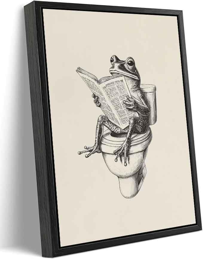 Black Floating Framed Funny Frog Bathroom Canvas Wall Art Humor Animal Painting Picture Wall Decor Frog on Toilet Reading Newspaper Poster Print Artwork for Bathroom Washroom Home Decoration 12x16in