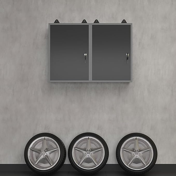 JZD Metal Wall Mounted Storage Lockable Garage Cabinet with 2 Removable Shelves, Black & Grey