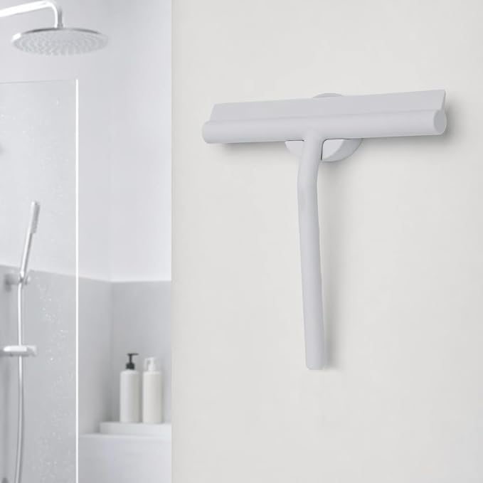 Shower Squeegee for Glass Doors, Full Silicone Jacketed Squeegee with Ergonomic Handle & No-Drill Hook, Cleaning Tool for Windows, Mirrors, Tiles, Bathroom & Car - Grey