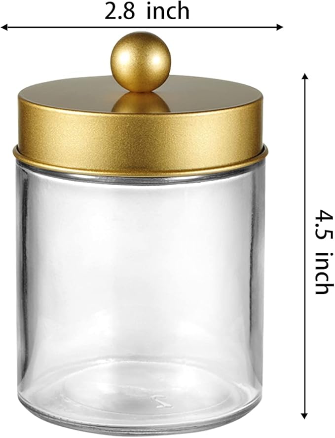 Amolliar Glass Apothecary Jar Qtip Holder Metal Lids 4pc/Gold | Bathroom Decor Countertop Vanity Storage Organizer Set for q tip holder,Cotton Swabs/Rounds,Makeup Sponges,Cute Stickers