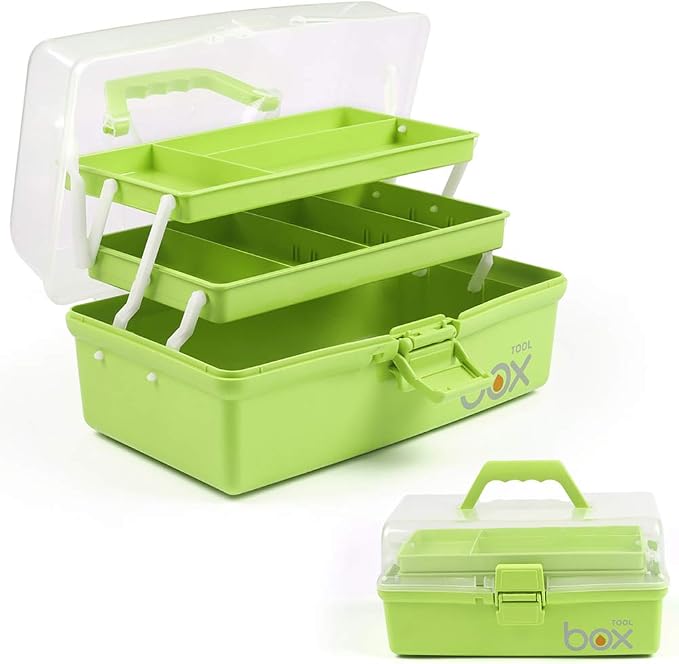 TERGOO 12in 3-Layer Plastic Craft Organizers and Storage, Portable Folding Tackle Box with Handle & Adjustable Dividers, Multipurpose Case for Sewing, Art Supplies, Medicine, Tools (Green)