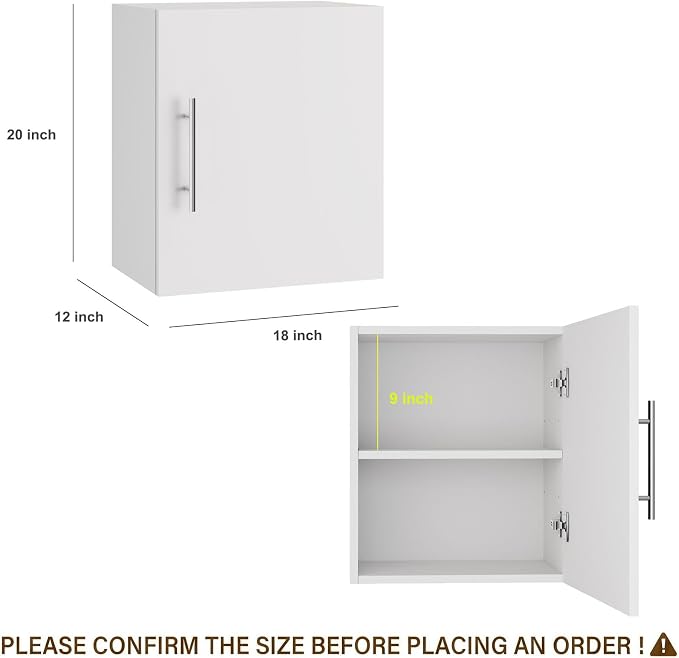 Small Wall Cabinet, 18" W x 12" D x 20" H Wooden Wall Mounted Storage Cabinet, 1 Door Cabinet with Soft Close and Metal Handle and Adjustable Shelf, for Kitchen, Garage, Laundry, Bathroom, White
