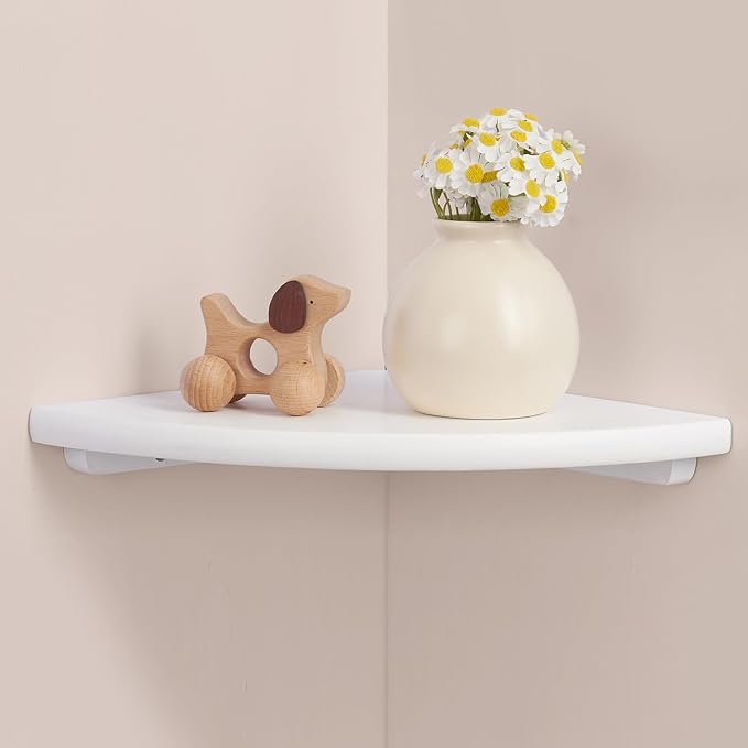 Gieanoo White Corner Wall Shelf 9inch Solid Oak Wood Floating Corner Shelf with Wire Hole Corner Wall Storage Display Shelves for Living Room Bedroom Bathroom Kitchen